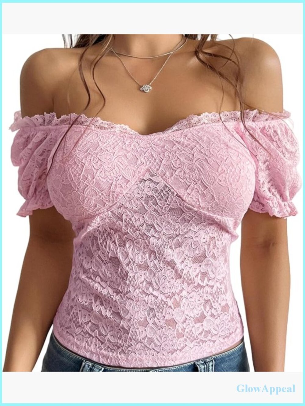 Off Shoulder Lace Crop Top Floral Sheer Puff Sleeve Going Out Blouse